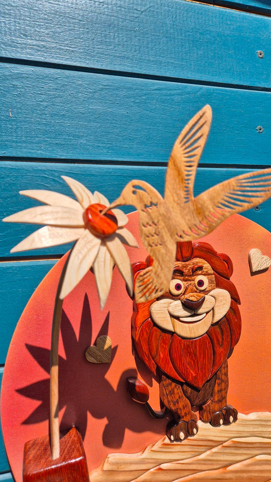 Art de l'intarsia "Bébé Lion et le colibri" Fleur en 3d