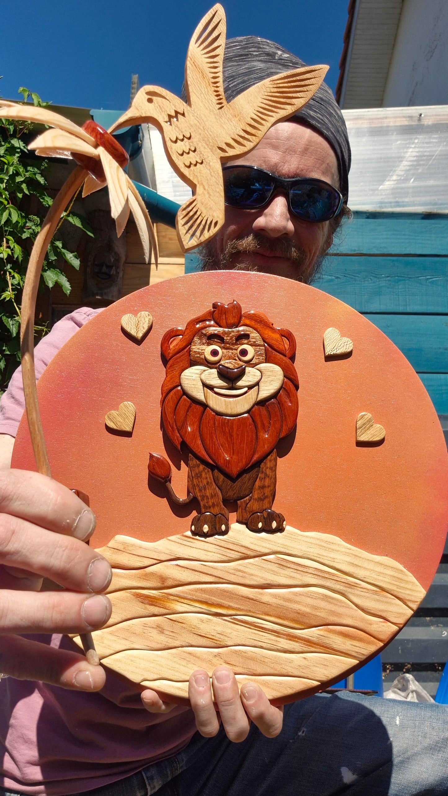 Art de l'intarsia "Bébé Lion et le colibri" Fleur en 3d