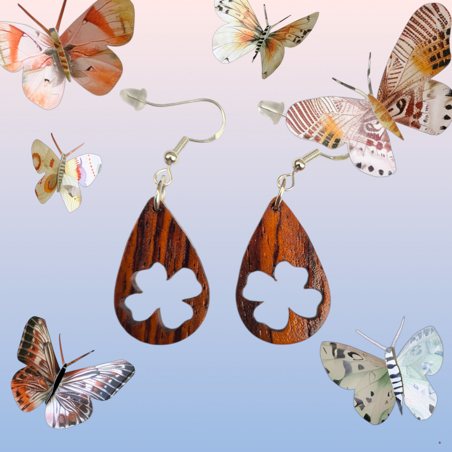 Boucles d'oreilles bois naturel de palissandre "trèfle à 4 feuilles"