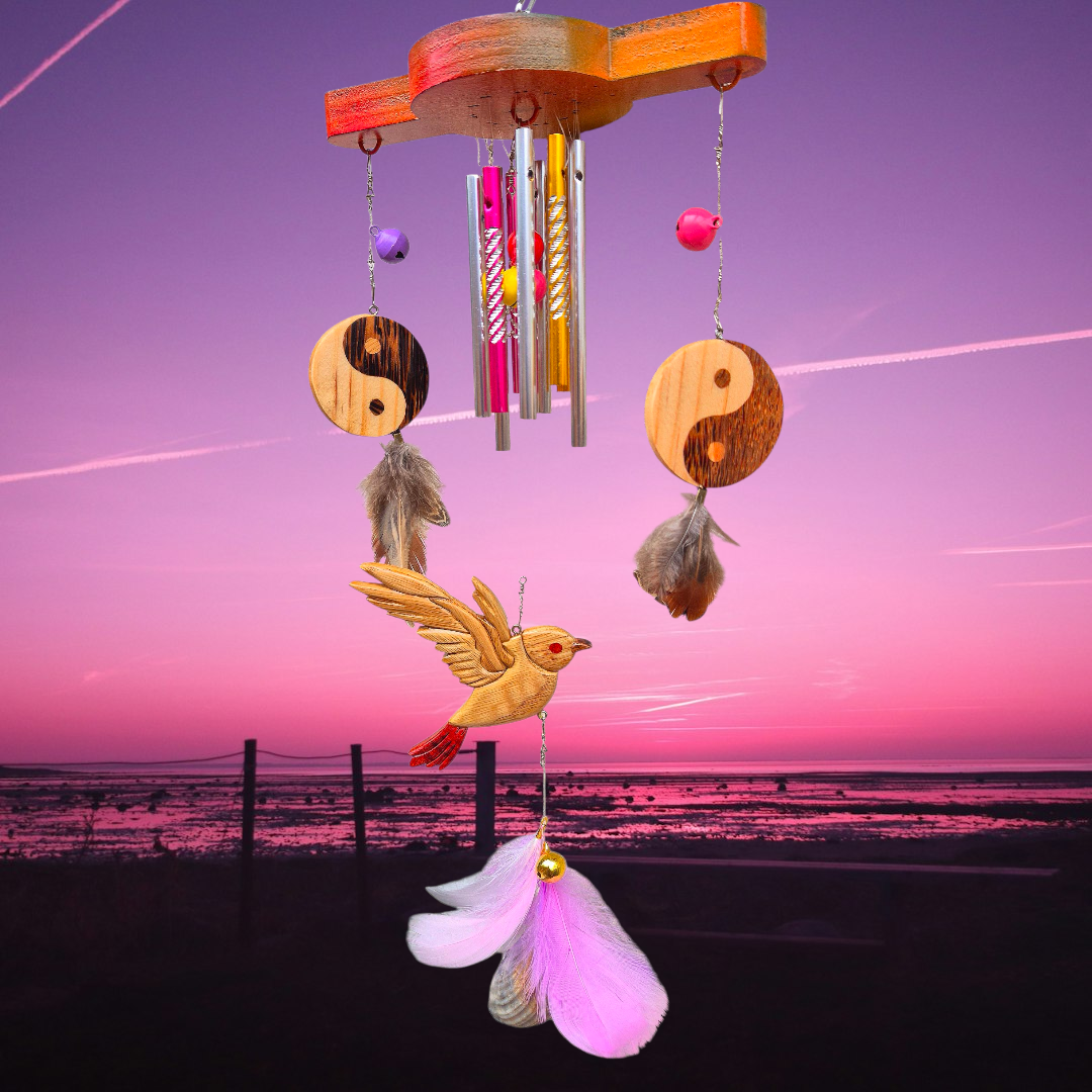 Carillon bois naturel "le Double Ying yang et le petit oiseau"