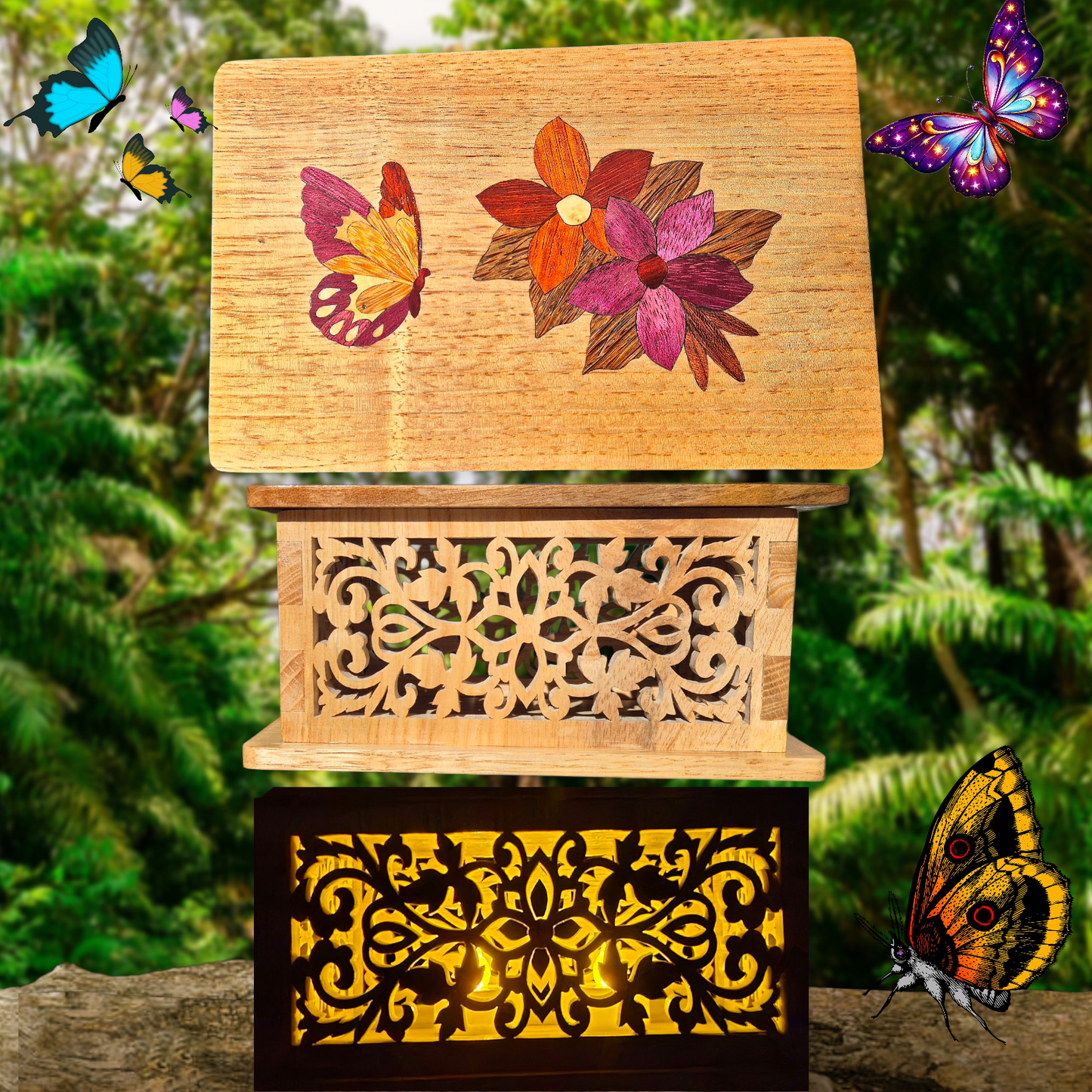 Boite en bois naturel +2 bougies offerte "Papillon et ses 2 fleurs"