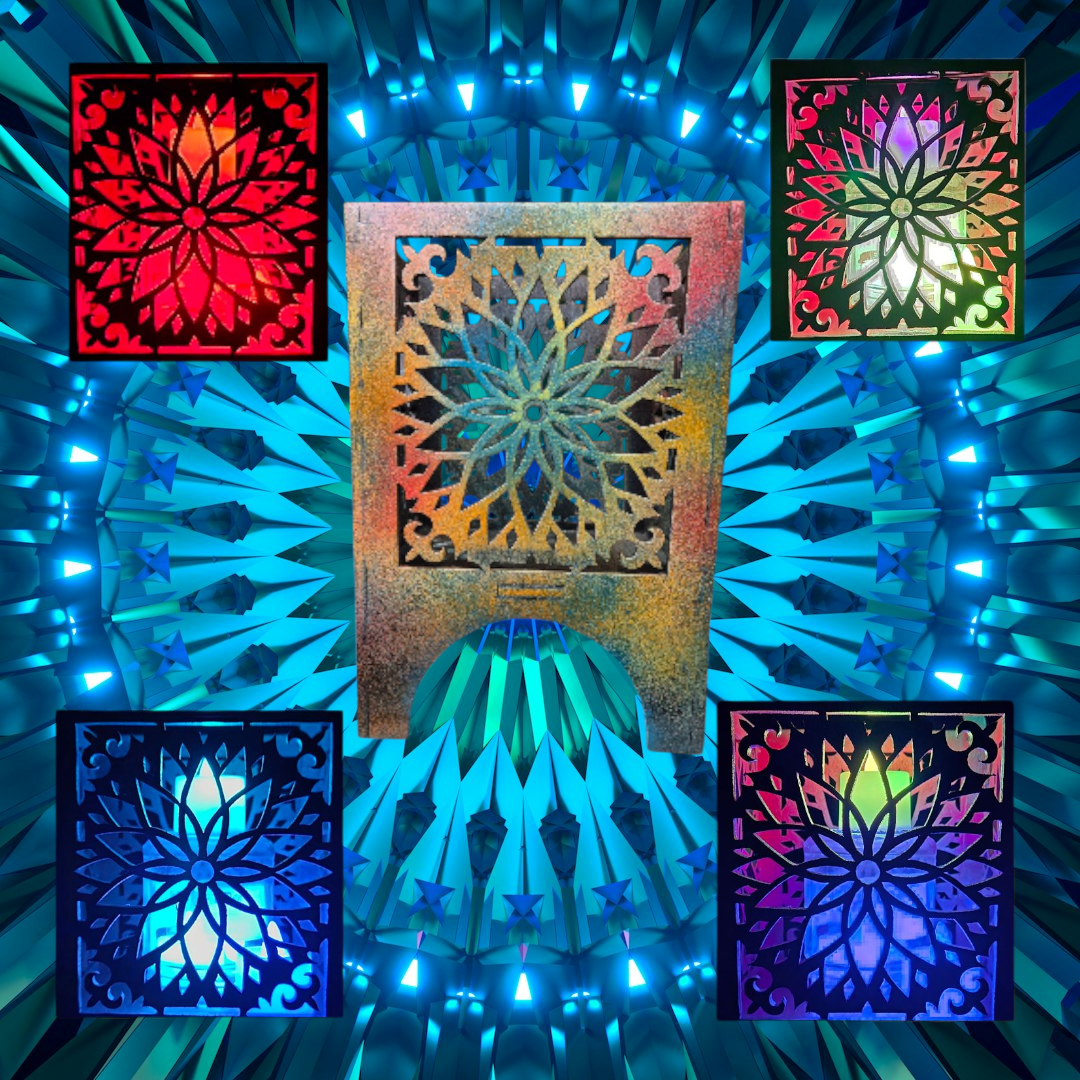 Lumière d'ambiance bougeoir en okoumé peint.