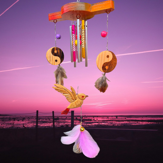 Carillon bois naturel "le Double Ying yang et le petit oiseau"