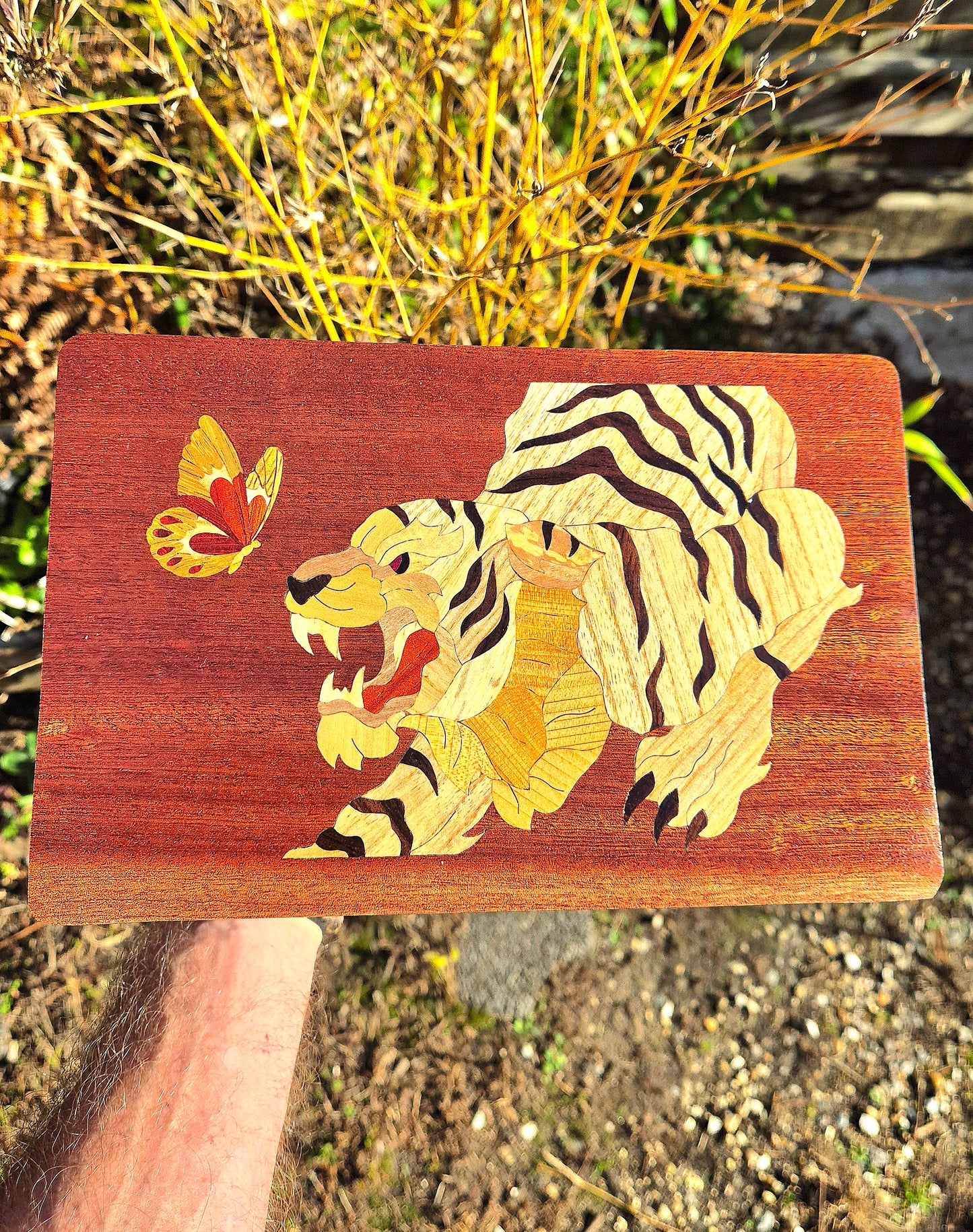 Boite en bois naturel Acajou "Le tigre et le petit papillon"avec son plateau en teck velours blanc et ses 2 bougeoirs en Acajou et érable et en cadeau cette magnifique lampe d'ambiance entièrement fait main!