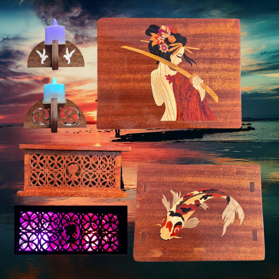 Boite du monde  "Geïsha et carpe koï" avec 2 bougeoir en Acajou et un plateau en teck huilé avec un velours rouge totalement naturelle et 2 bougie led changeant de couleurs offert