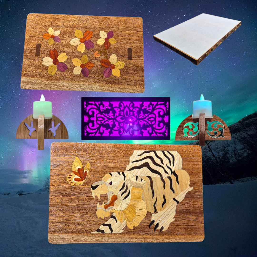 Boite en bois naturel Acajou "Le tigre et le petit papillon"avec son plateau en teck velours blanc et ses 2 bougeoirs en Acajou et érable et en cadeau cette magnifique lampe d'ambiance entièrement fait main!