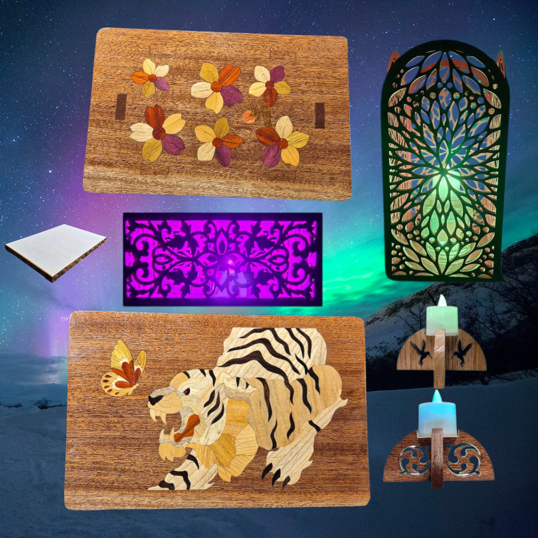 Boite en bois naturel Acajou "Le tigre et le petit papillon"avec son plateau en teck velours blanc et ses 2 bougeoirs en Acajou et érable et en cadeau cette magnifique lampe d'ambiance entièrement fait main!